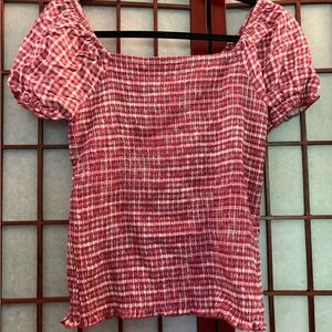 Red and White Smocked Gingham Blouse